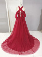 Dark Red Tulle Lace Long Formal Prom Dresses, Red Tulle Lace Evening Dresses