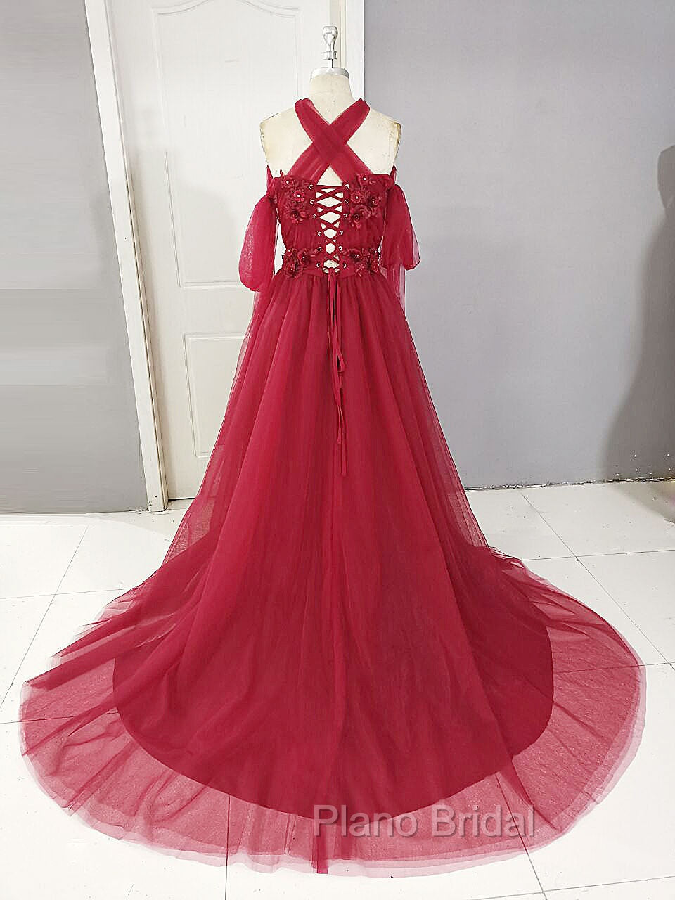 Dark Red Tulle Lace Long Formal Prom Dresses, Red Tulle Lace Evening Dresses