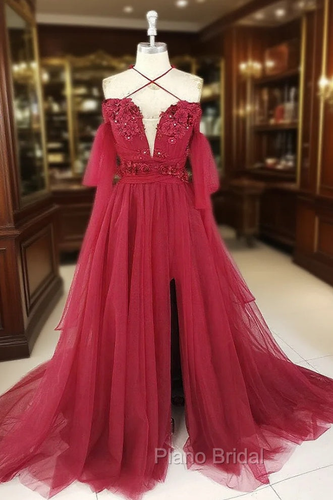 Dark Red Tulle Lace Long Formal Prom Dresses, Red Tulle Lace Evening Dresses Main image