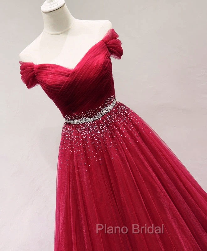 Dark Red Tulle Off Shoulder Long Formal Prom Dresses, Beaded Party Dresses Secondary image