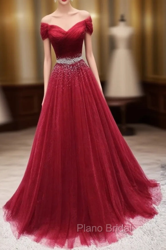 Dark Red Tulle Off Shoulder Long Formal Prom Dresses, Beaded Party Dresses