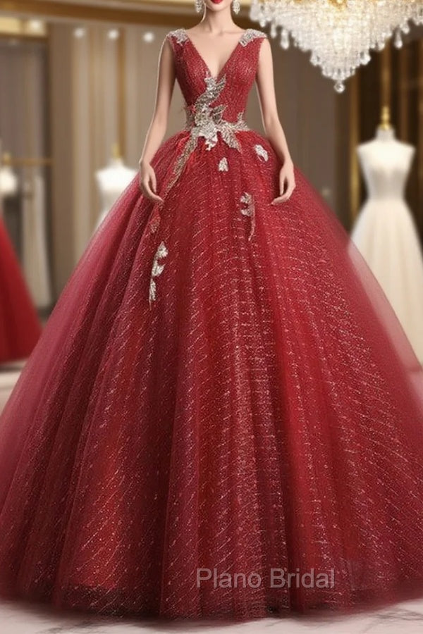 Dark Red Tulle Sequins V-neck Appliques Quinceanera Dresses Main image