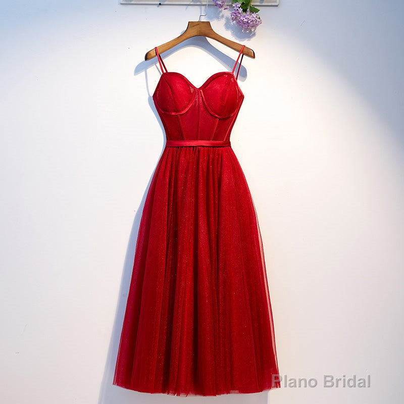 Dark Red Tulle Sweetheart Straps Wedding Party Dress, Red Homecoming Dress Prom Dress Secondary image