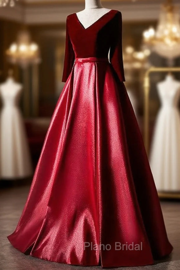Dark Red Velvet and Satin V-neckline Long Formal Prom Dresses Evening Dresses, Red Bridesmaid Dresses