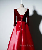 Dark Red Velvet and Satin V-neckline Long Formal Prom Dresses Evening Dresses, Red Bridesmaid Dresses