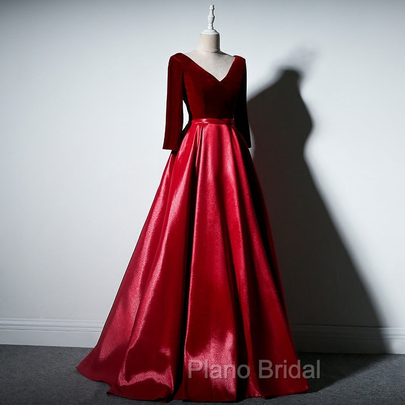 Dark Red Velvet and Satin V-neckline Long Formal Prom Dresses Evening Dresses, Red Bridesmaid Dresses