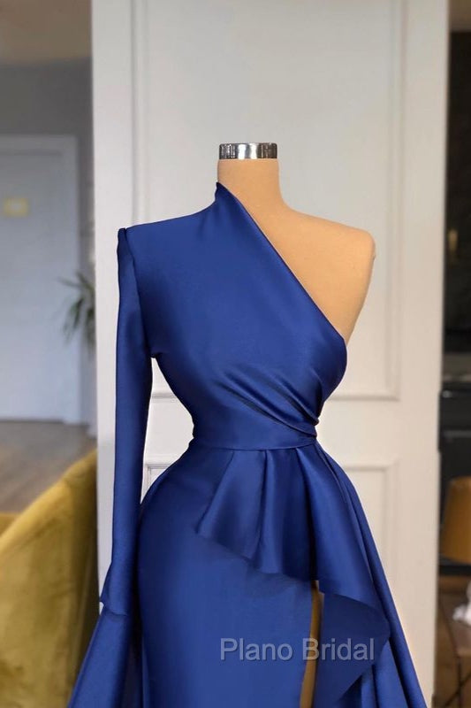 Dark Royal Blue One shoulder Ruffles Side-cut Overskirt Formal Prom Dresses