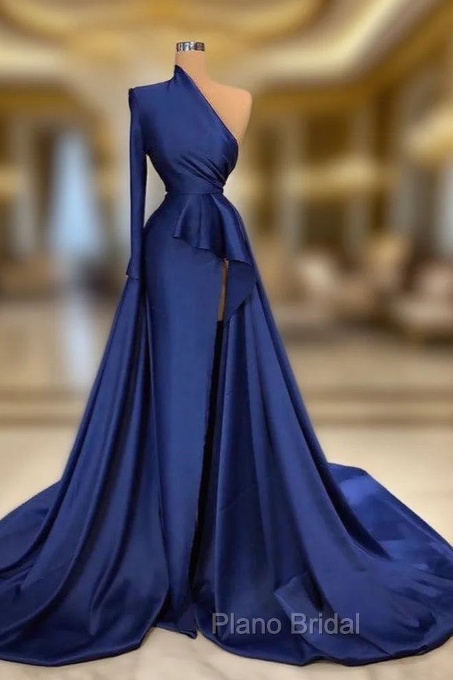 Dark Royal Blue One shoulder Ruffles Side-cut Overskirt Formal Prom Dresses