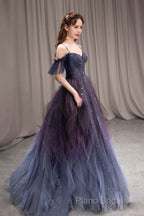 Dark Starry Sky Purple Tulle Long Formal Prom Dresses Purple Formal Dresses