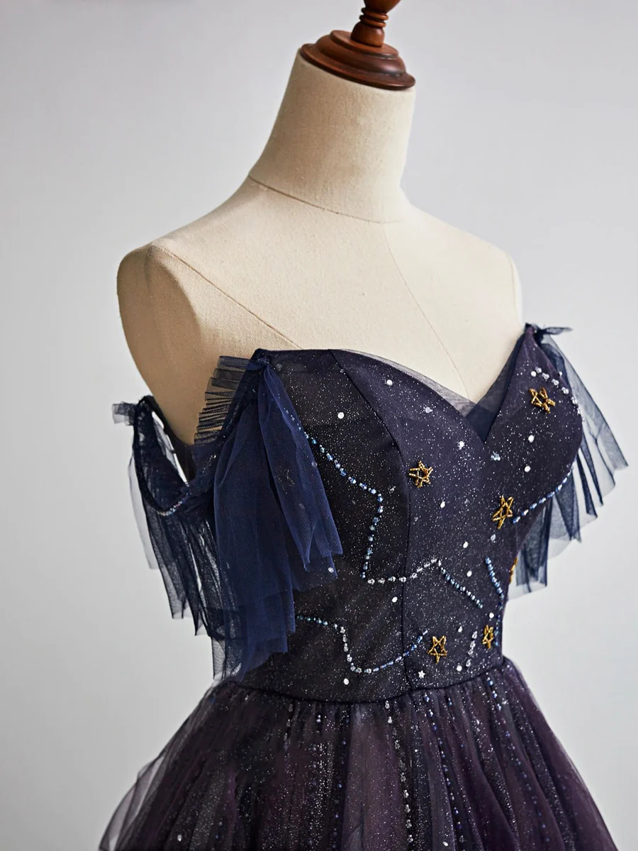 Dark Starry Sky Purple Tulle Long Formal Prom Dresses Purple Formal Evening Dresses Secondary image