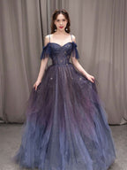 Dark Starry Sky Purple Tulle Long Formal Prom Dresses Purple Formal Evening Dresses