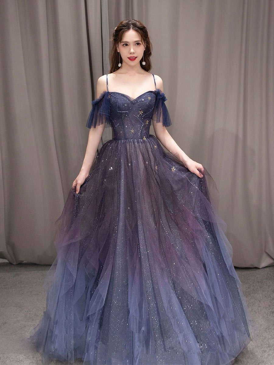 Dark Starry Sky Purple Tulle Long Formal Prom Dresses Purple Formal Evening Dresses