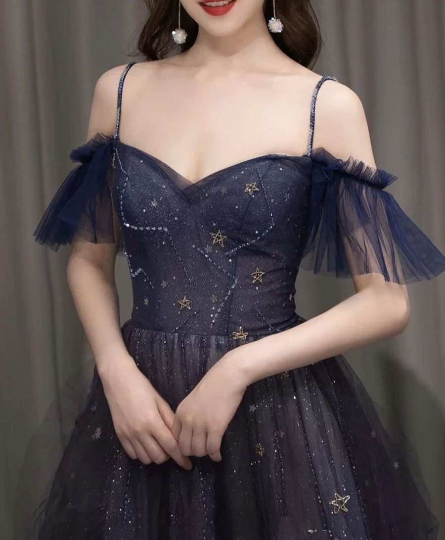 Dark Starry Sky Purple Tulle Long Formal Prom Dresses Purple Formal Evening Dresses