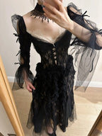 Dark Vintage Black Long Sleeve High-Slit Lace Tulle Formal Prom Dresses