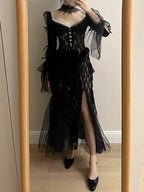 Dark Vintage Black Long Sleeve High-Slit Lace Tulle Formal Prom Dresses