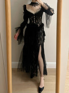 Dark Vintage Black Long Sleeve High-Slit Lace Tulle Formal Prom Dresses