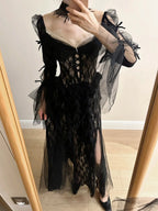Dark Vintage Black Long Sleeve High-Slit Lace Tulle Formal Prom Dresses