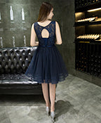 Dark Blue Lace Beading Short Prom Dress Dark Blue Evening Dress