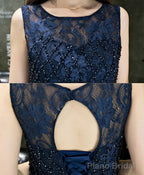Dark Blue Lace Beading Short Prom Dress Dark Blue Evening Dress