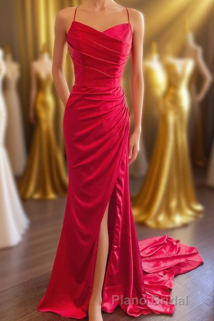 Straps Red Ruched Mermaid Long Prom Dresses