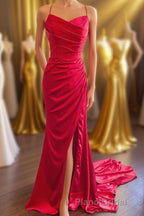 Straps Red Ruched Mermaid Long Prom Dresses