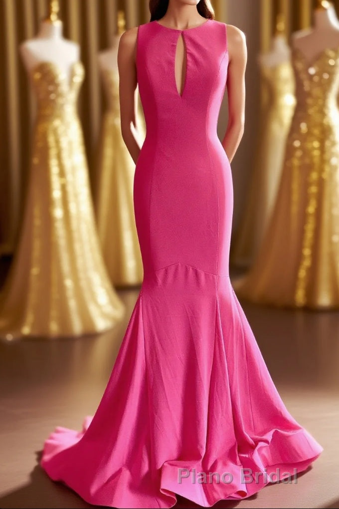 Hot Pink Mermaid Long Prom Dresses with Open Back
