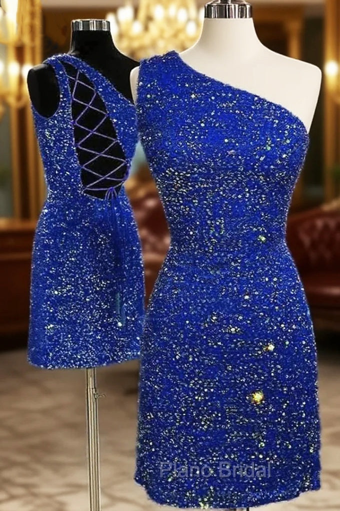 Dazzling One-Shoulder Short Velvet Sequins Homecoming Dresses