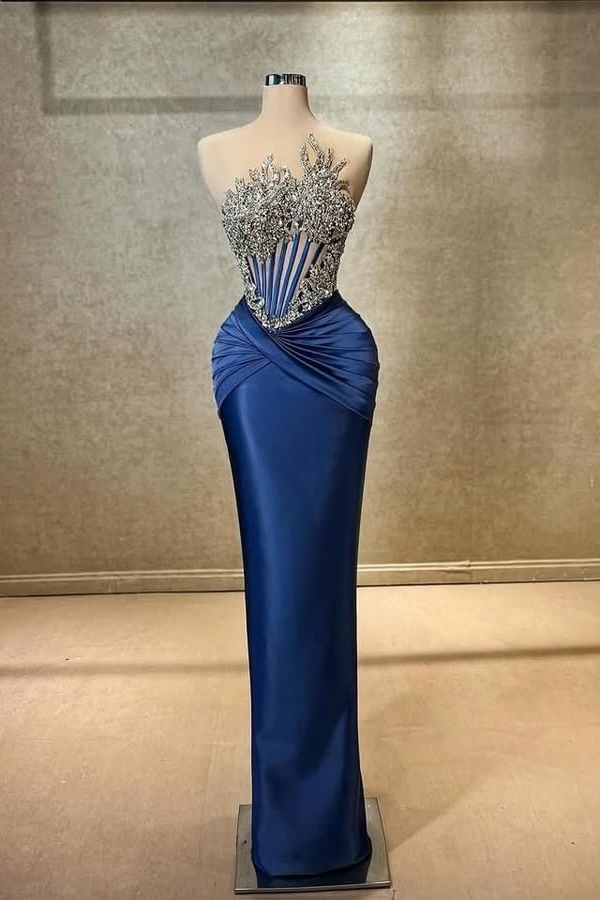 Dazzling Royal Blue Strapless Sleeveless Mermaid Prom Dresses Column Gem With Beads Secondary image