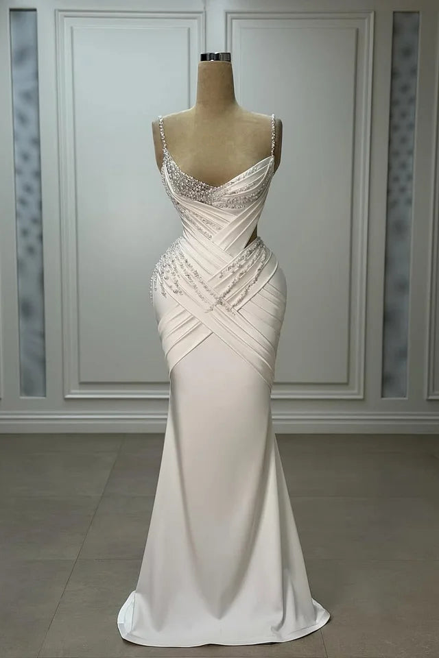 Dazzling Spaghetti-Straps Sleeveless V-Neck Satin Prom Dress Mermaid Sheath With Pearls Main image