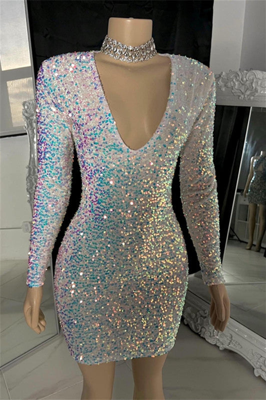 Dazzling V-Neck Long Sleeveless Mini Sequins Prom Dresses Sheath On Sale Secondary image