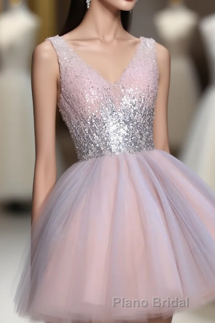 Cute Pink V Neck Tulle Seqsuins Short Formal Prom Dresses, Cocktail Dresses Main image