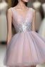 Cute Pink V Neck Tulle Seqsuins Short Formal Prom Dresses, Cocktail Dresses
