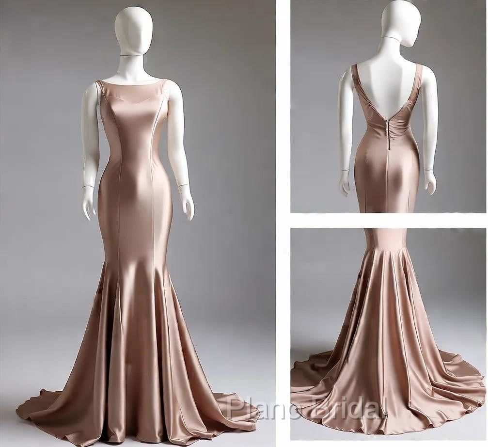 Deep Champagne Mermaid Simple Satin Long Formal Prom Dresses Backless Evening Gown Secondary image