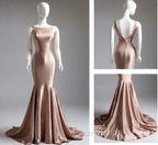 Deep Champagne Mermaid Simple Satin Long Formal Prom Dresses Backless Evening Gown