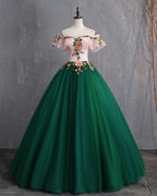 Deep Green Tulle Off Shoulder Long Customize Formal Prom Dresses, Formal Evening Dresses With Sleeve