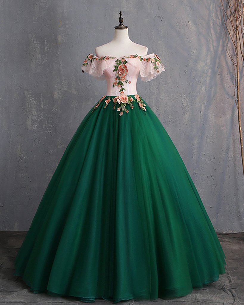 Deep Green Tulle Off Shoulder Long Customize Formal Prom Dresses, Formal Evening Dresses With Sleeve