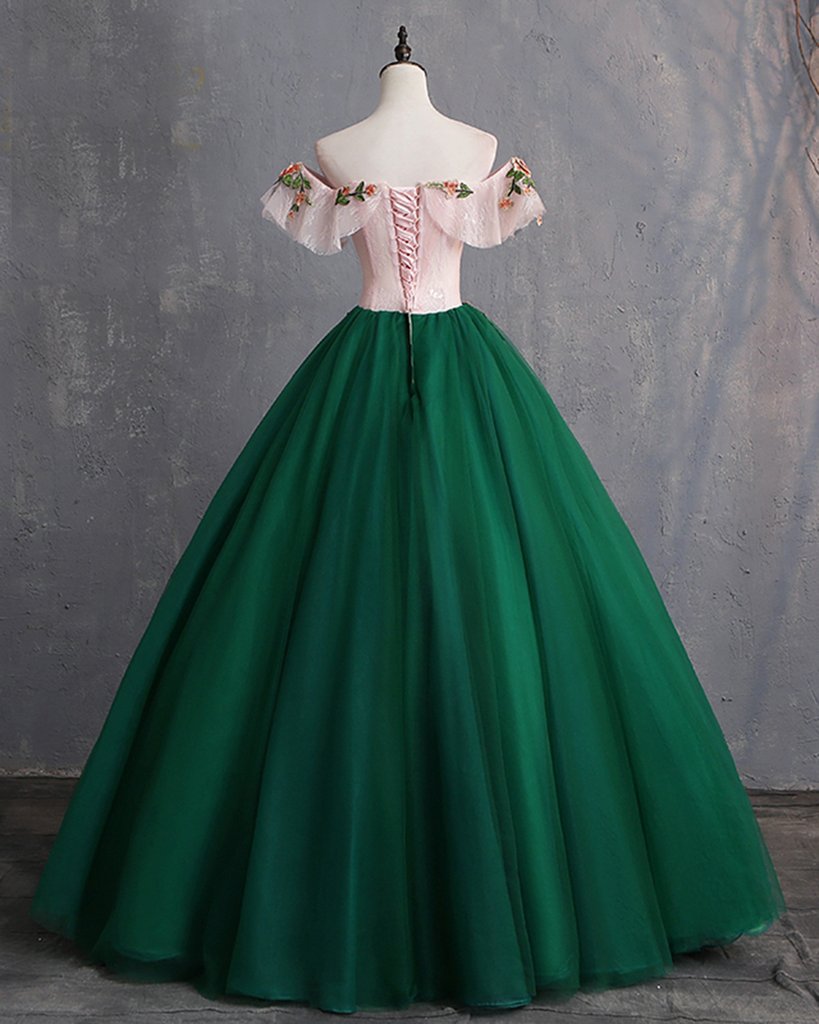 Deep Green Tulle Off Shoulder Long Customize Formal Prom Dresses, Formal Evening Dresses With Sleeve