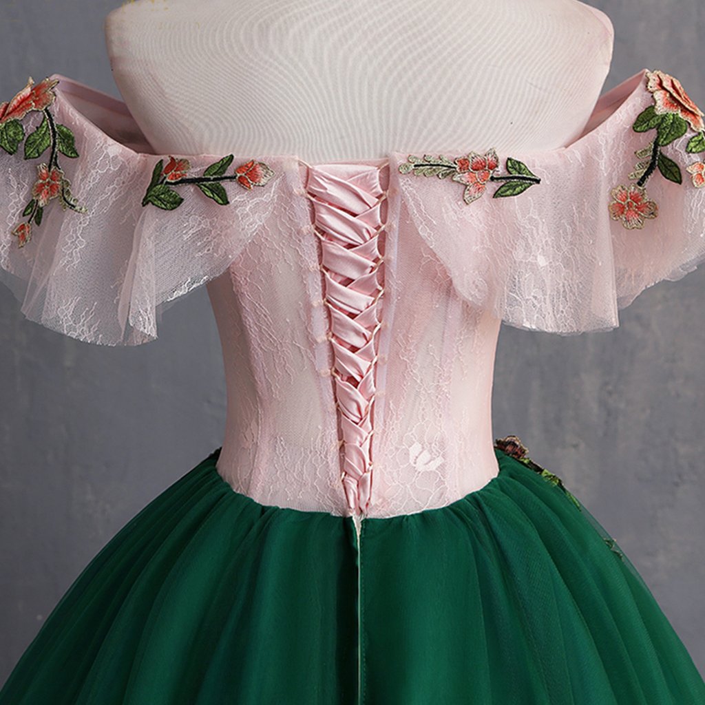 Deep Green Tulle Off Shoulder Long Customize Formal Prom Dresses, Formal Evening Dresses With Sleeve