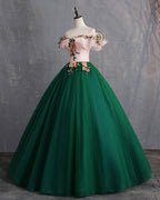 Deep Green Tulle Off Shoulder Long Customize Formal Prom Dresses, Formal Evening Dresses With Sleeve
