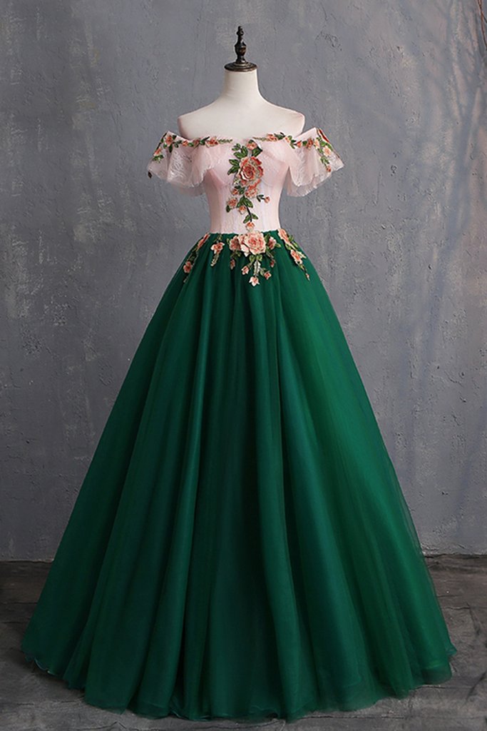 Deep Green Tulle Off Shoulder Long Customize Formal Prom Dresses, Formal Evening Dresses With Sleeve