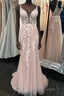 Deep V Neck Backless Pink Lace Long Formal Prom Dress, Long Pink Lace Formal Graduation Evening Dress