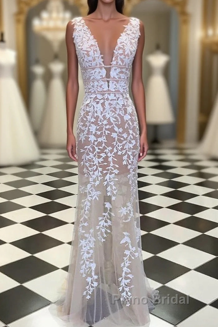 Deep V Neck Champagne Lace Formal Prom Dresses, V Neck Champagne Lace Wedding Dresses Formal Evening Dresses Main image