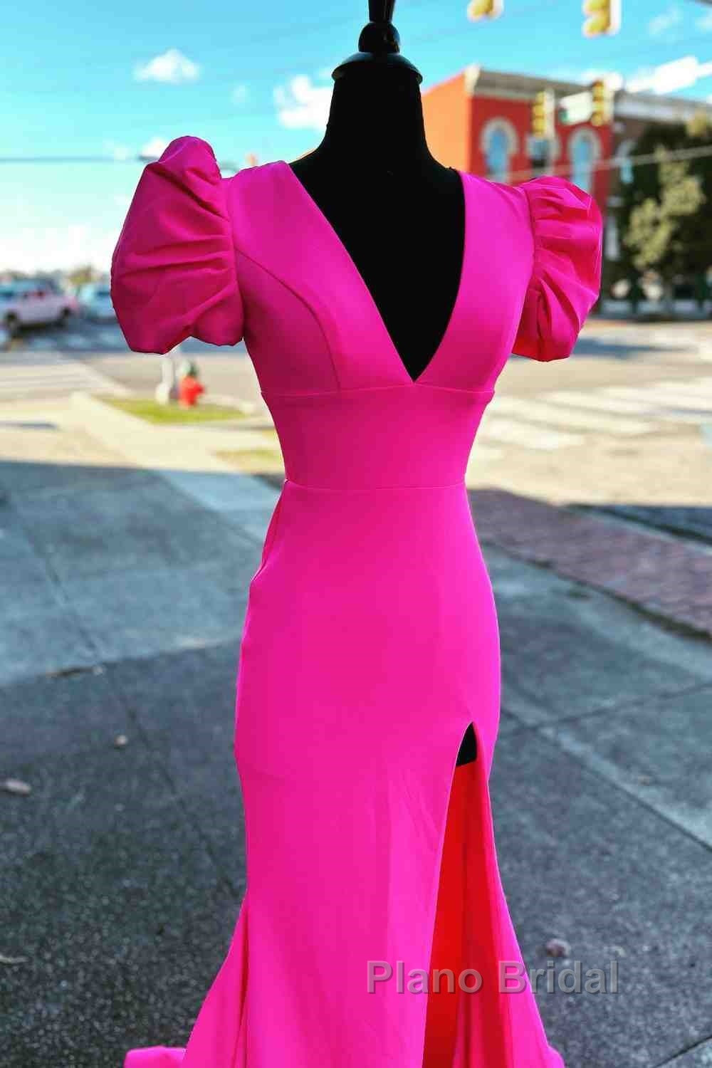 Deep V-Neck Hot Pink Mermaid Long Formal Prom Dresses With Balloon Sleeves Secondary image