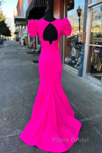Deep V-Neck Hot Pink Mermaid Long Formal Prom Dresses With Balloon Sleeves