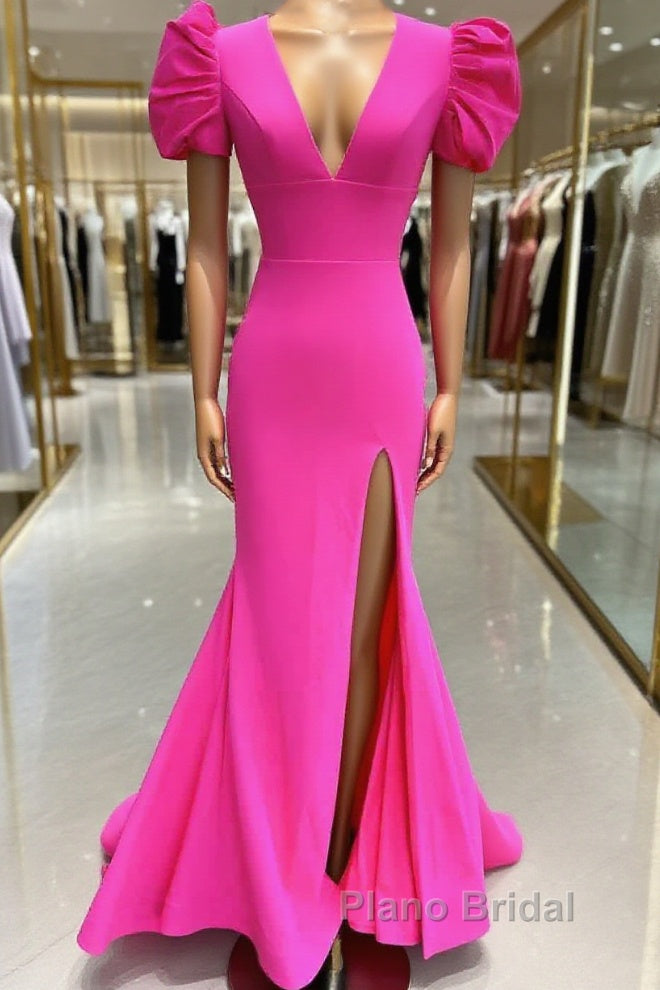 Deep V-Neck Hot Pink Mermaid Long Formal Prom Dresses With Balloon Sleeves Main image