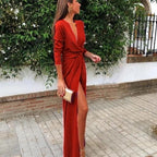 Deep V Neck Long Formal Prom Dresses With Split