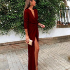 Deep V Neck Long Formal Prom Dresses With Split