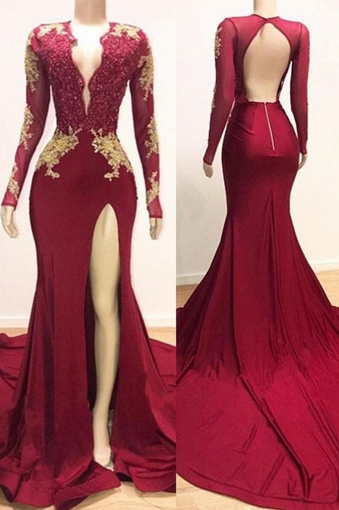 Deep V-Neck Long Sleevess Lace Appliques Split Mermaid Evening Gowns Main image