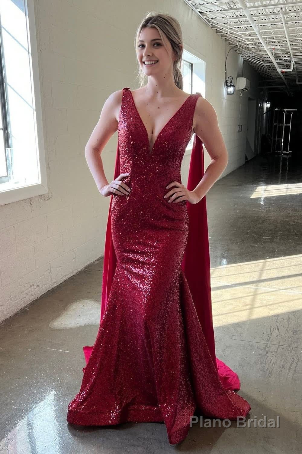 Deep V Neck Mermaid Burgundy Sparkly Sequins Long Prom Dress Main image