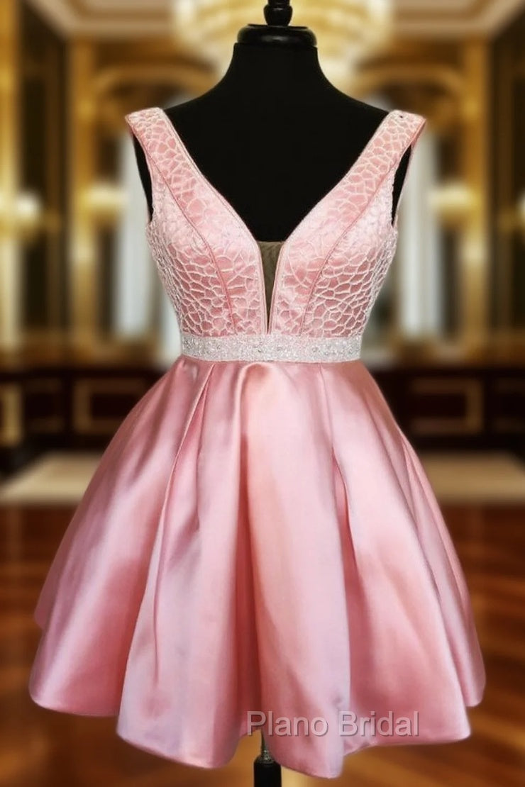 Deep V neck Pink Satin Beaded Waist Short Homecoming Dresses